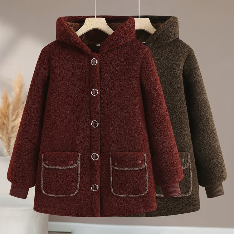 冬季新款中老年女洋气妈妈颗粒绒外套加绒加厚连帽保暖棉衣宽松