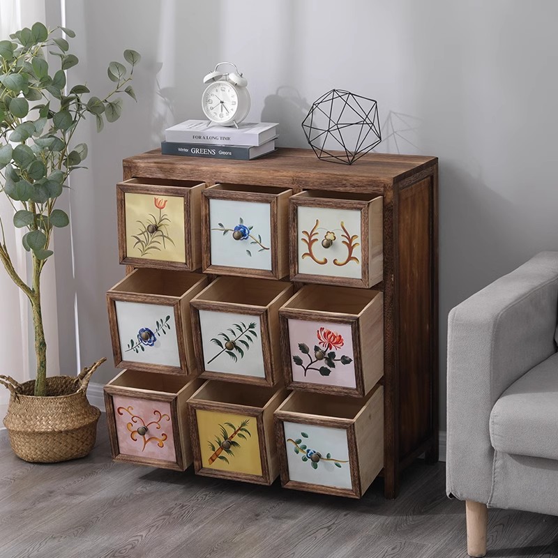 木质斗柜美式实木复古储物柜客厅彩绘斗柜多层抽屉式收纳置物柜子