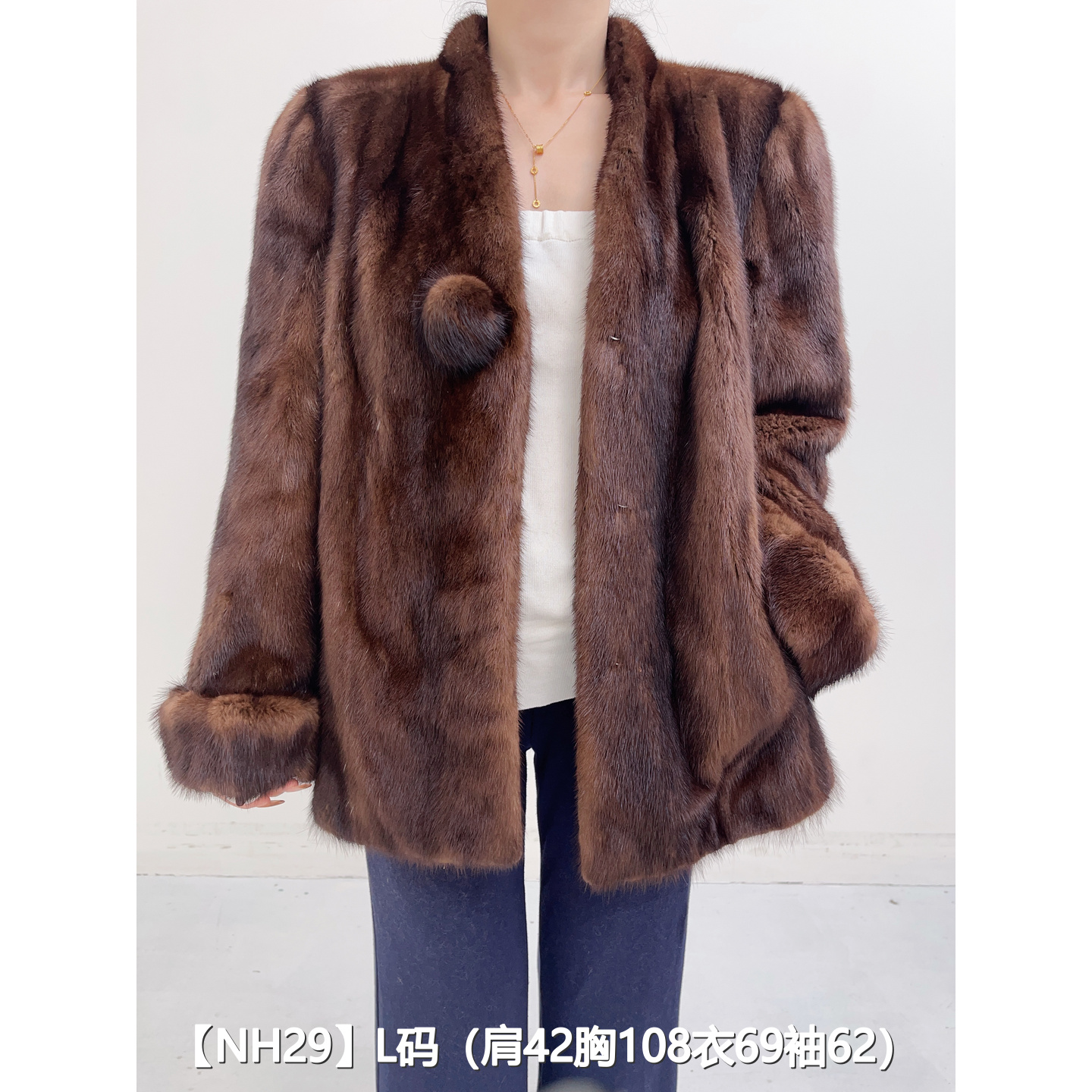 【NH29】L 焦糖棕短款全抽貂皮大衣外套女 V领挽袖 08029
