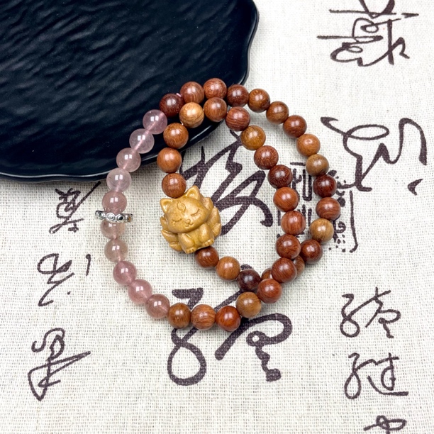 【朝花】天然花梨木红草莓晶檀木炸毛九尾招花遇贵气质百搭手串