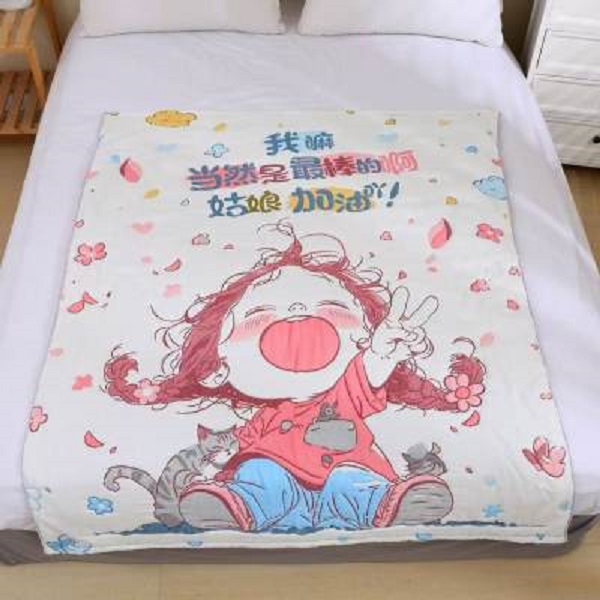 x【泡芙被-姑娘加油-白底-儿-120】120*150CM可铺多层纱布亲肤通用
