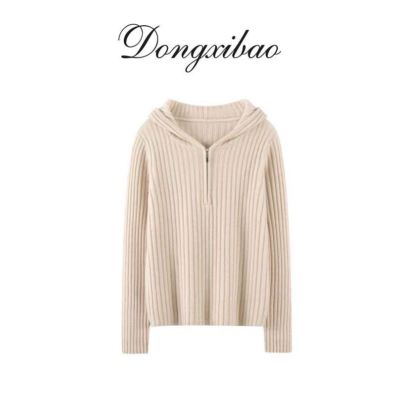 【帽衫】纯山羊绒连帽坑条套头针织毛衣显瘦百搭长袖