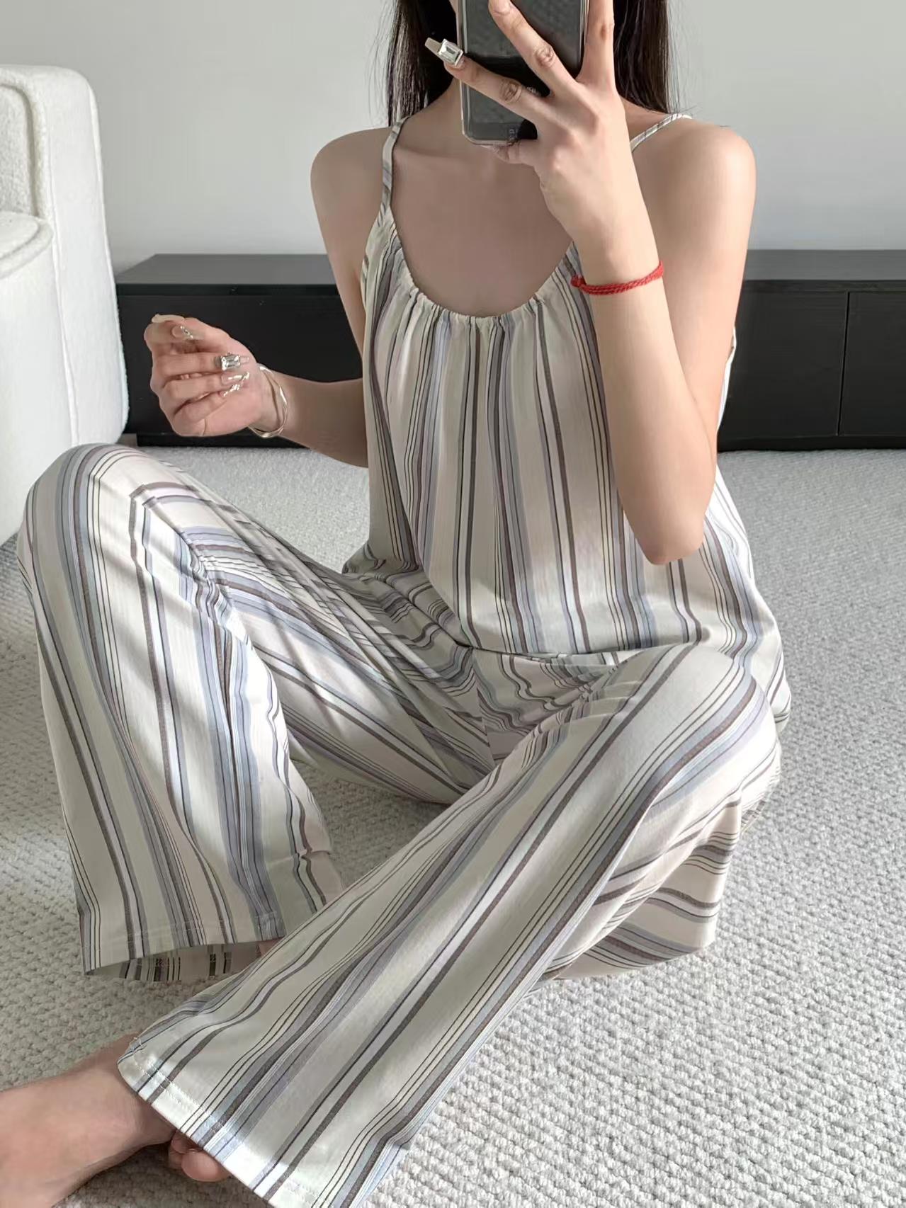 纯欲风竖纹可外穿吊带睡衣女夏季薄款休闲条纹长裤家家居服套装