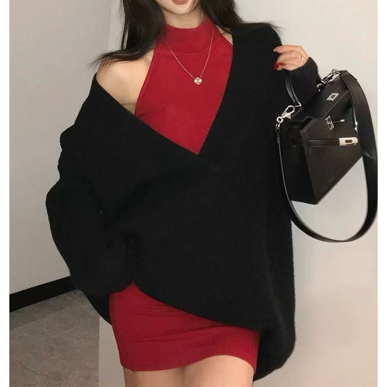 圆宝大码新内搭秋冬季女装圣诞战袍毛衣套装包臀裙622