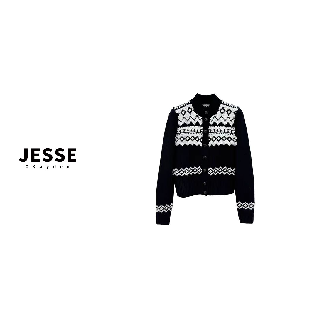 黑白休闲设计师拼接粗花呢小香风长袖轻奢时尚针织衫上衣SS0631