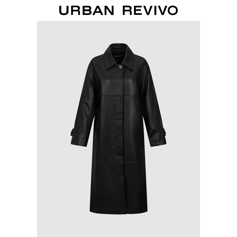 UR2025冬季新款女装都市气质简约哑光皮质长款皮衣UWU150044