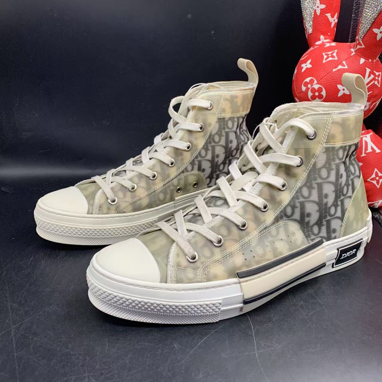 95新 DIOR/迪奥 黑老花网纱时尚高帮板鞋41/41.5欧码kke220