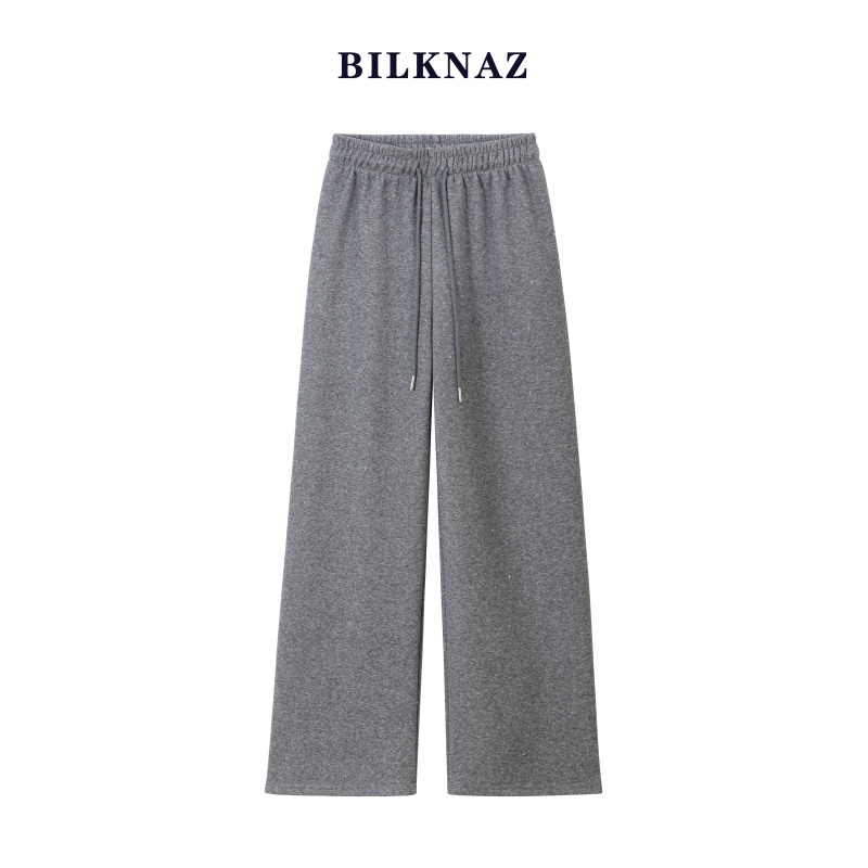 BILKNAZ潮流女裤百搭显瘦直筒时尚宽松灰色抽绳休闲裤女款K2003
