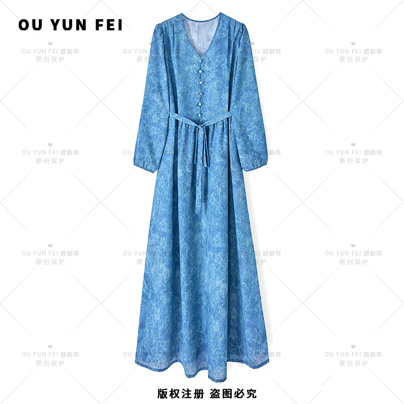 高级感连衣裙女夏季新款气质显瘦穿搭印花长裙F1925