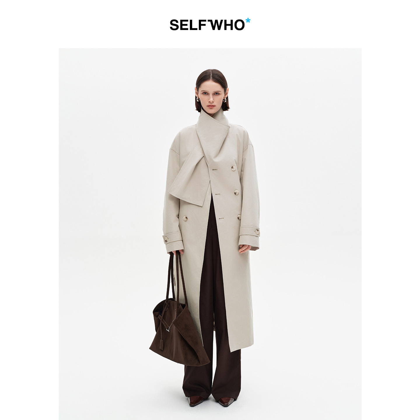SELFWHO混纺卡其色长款围巾领羽绒风衣女2025冬新款双排扣外套
