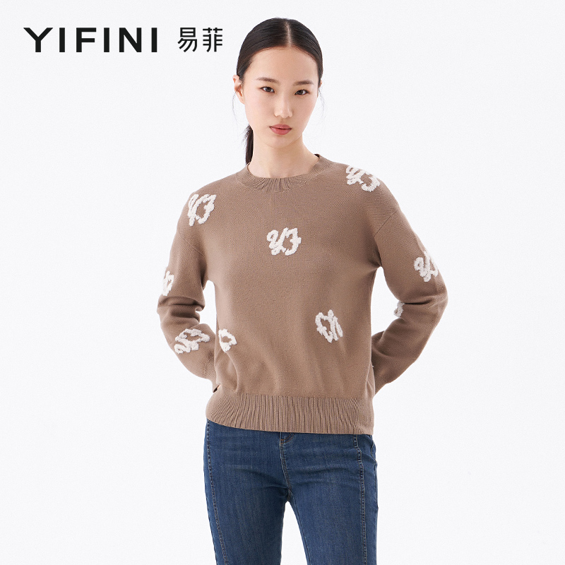 【Yifini】专柜同款绵羊毛混纺舒适简约宽松短款毛衫B11M1007