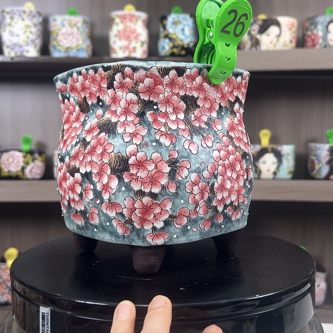 手绘陶瓷花盆口13高15.7