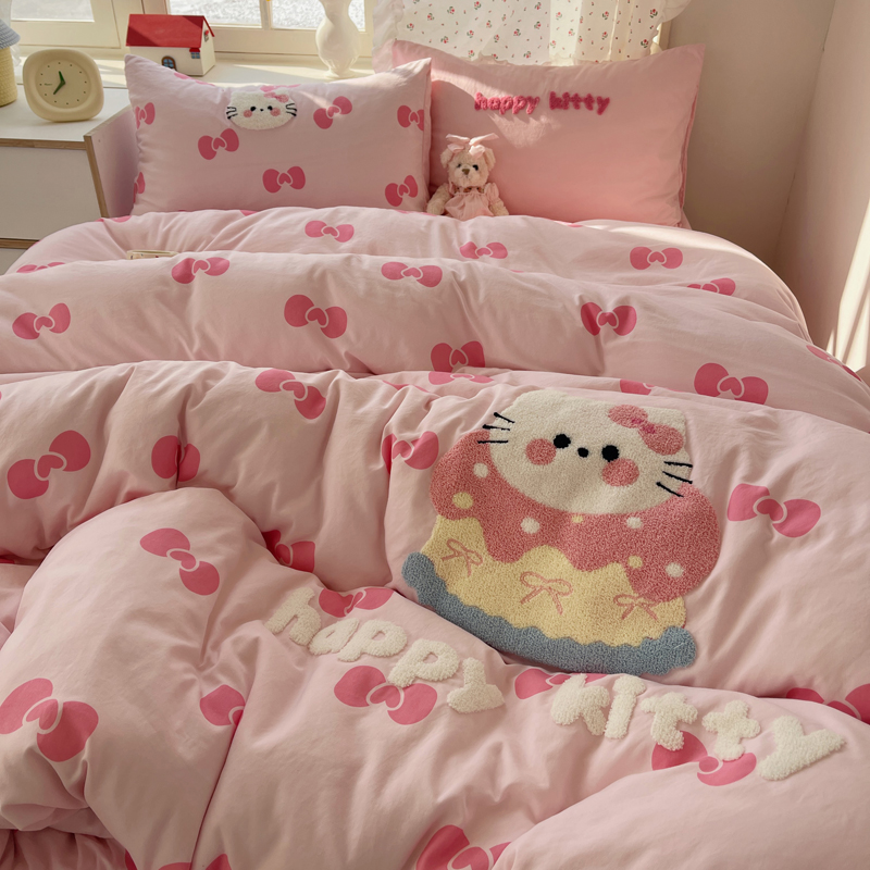 ins少女心毛巾绣云朵棉四件套 软糯亲肤儿童卡通床上用品