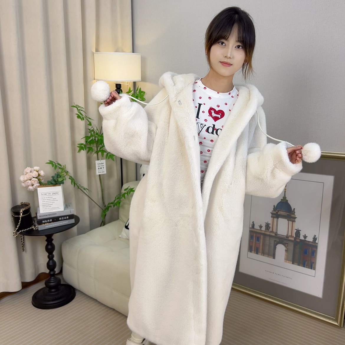 (一澜）2025圣诞女巫欧貂绒中长大衣网红巫师帽宽松慵懒风秋冬外套