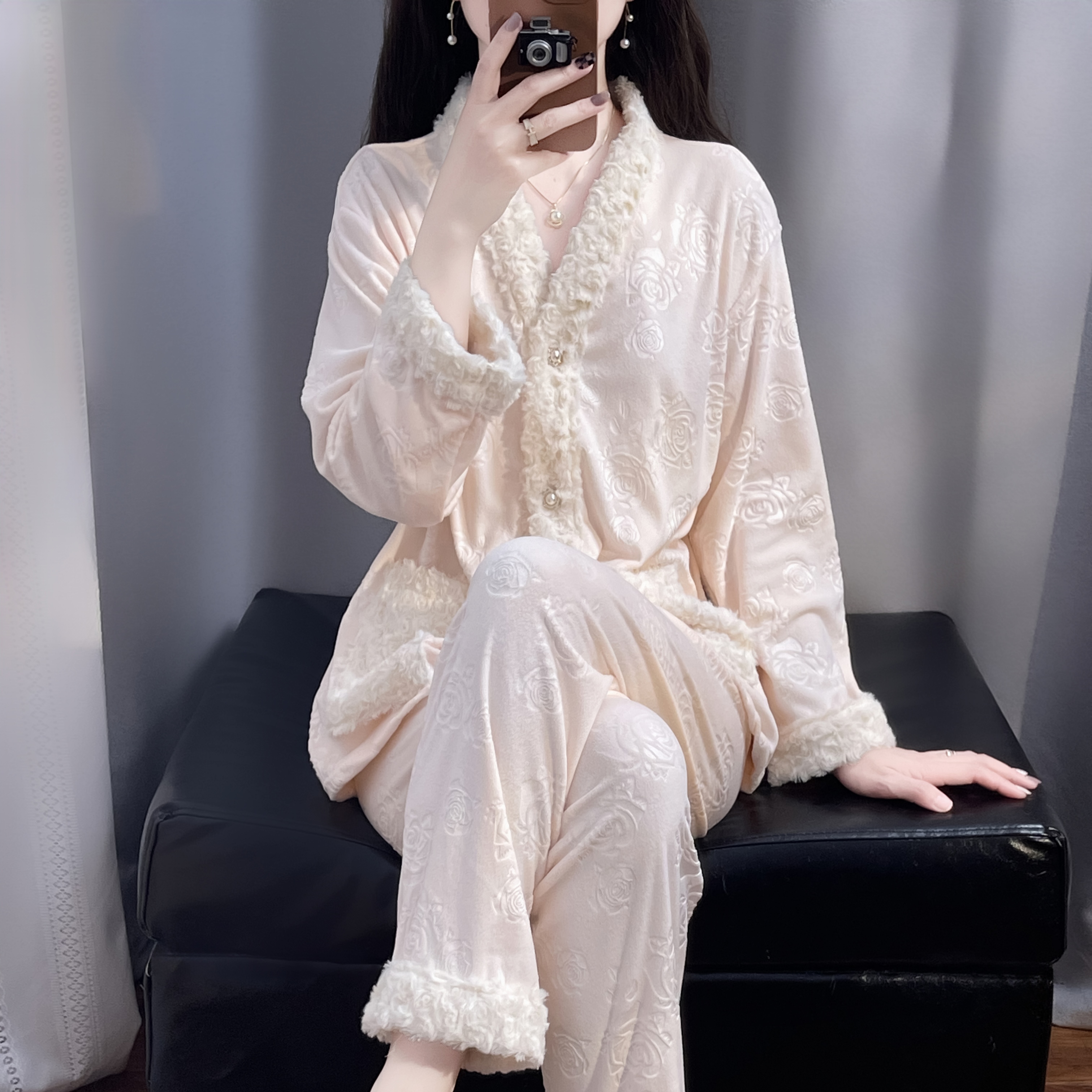 tpvl【羊羔绒】2025新款毛边睡衣女秋冬加绒加厚保暖家居服套装外穿