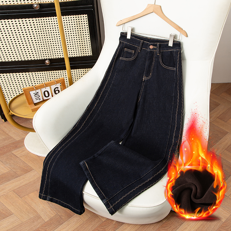 9669丹宁蓝阔腿加绒牛仔裤女2025新款秋装高腰显瘦垂顺直筒裤子