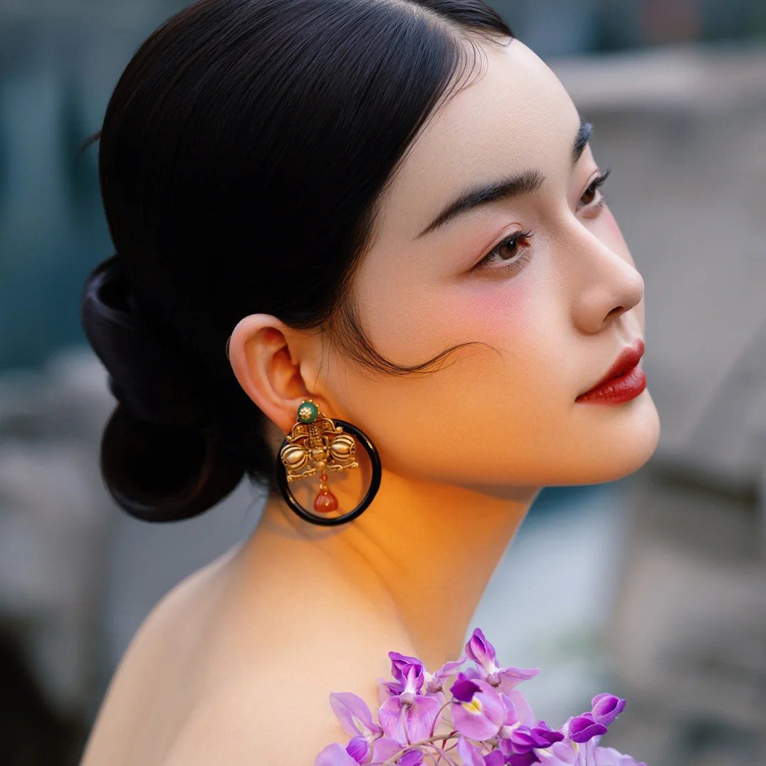 合金树脂耳饰 H2323复古耳环立体浮雕花夸张新中式中古时尚耳夹