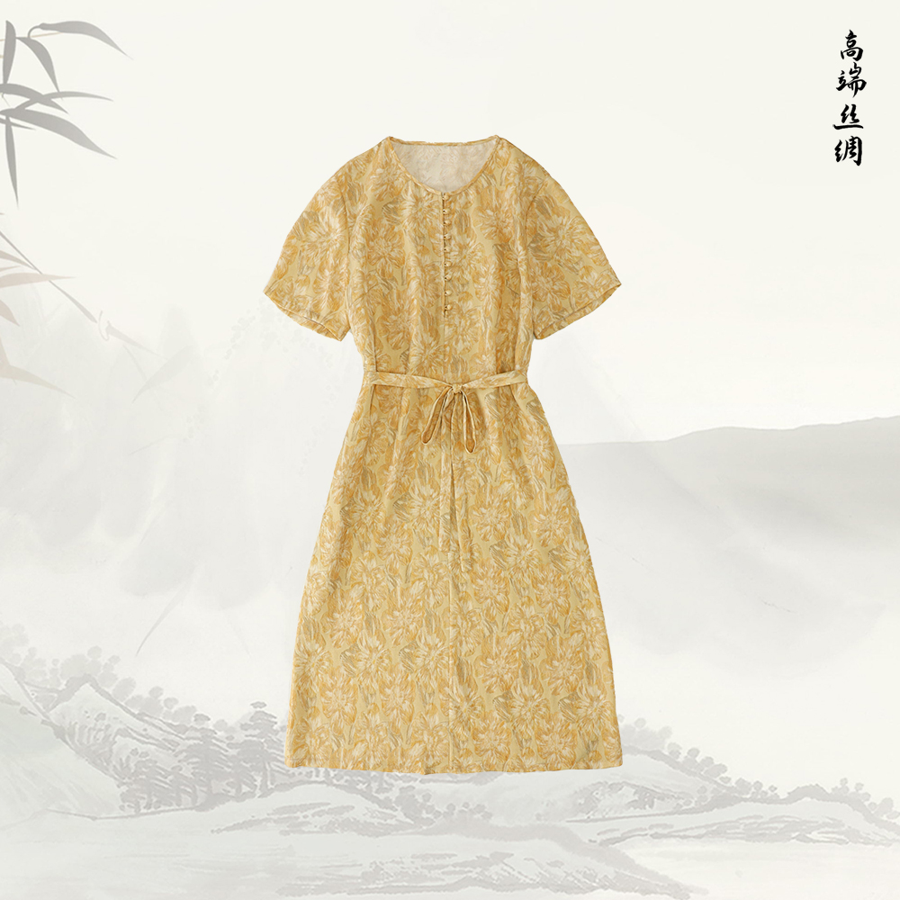 品牌新款桑蚕丝新中式气质宽松圆领短袖印花连衣裙526288
