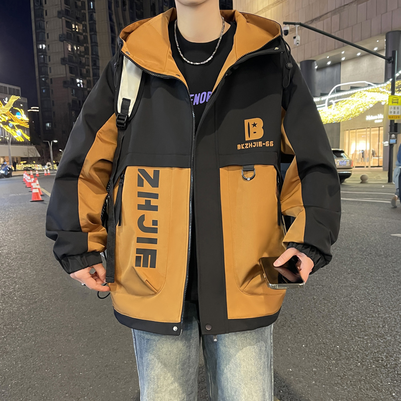 春秋季青少年连帽外套男孩12-15岁初中学生帅气拼接宽松潮牌夹克