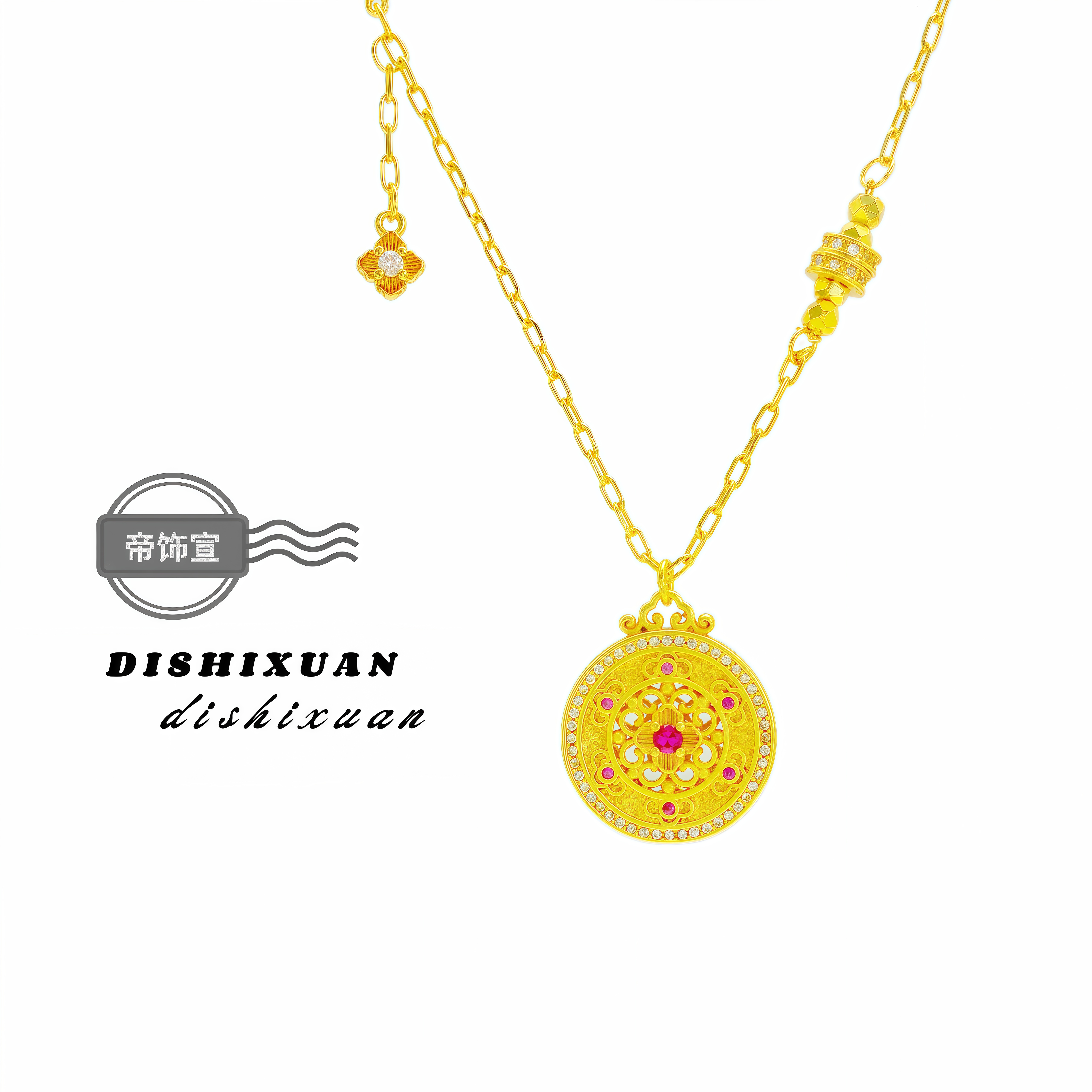 铜合金项链 新中式花丝圆盘国潮风项链女复古宫廷风轻奢锁骨链