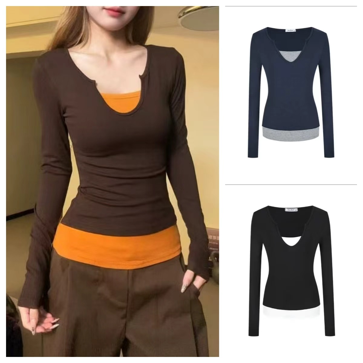 【现货24H+运补3-5】美式新款复古假两件长袖T恤女秋冬撞色修身上衣