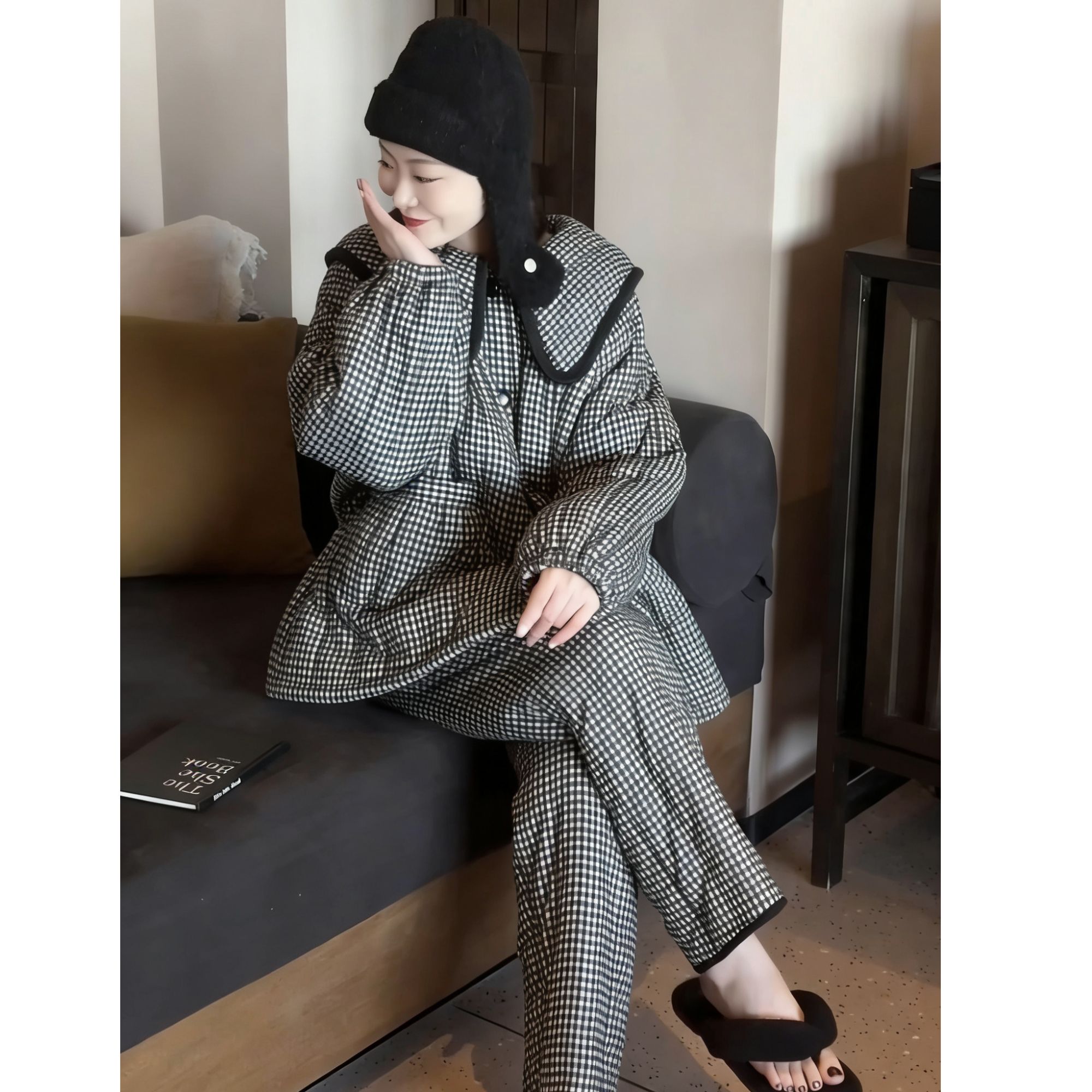 韩版娃娃领千鸟格夹棉睡衣女冬季保暖加绒加厚可外穿家居棉服套装