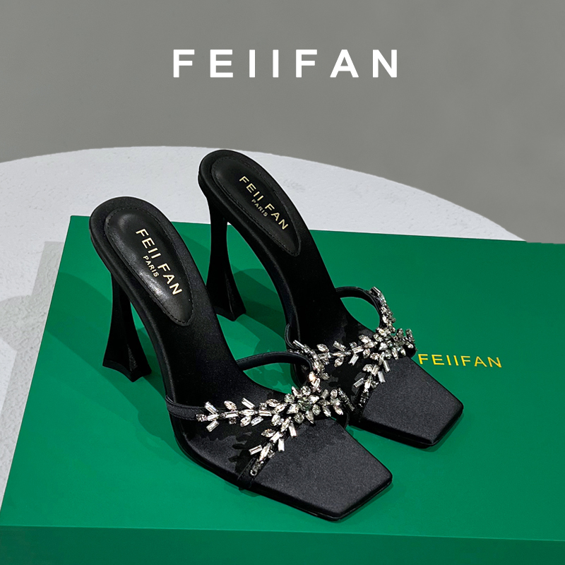 【现货】高跟拖鞋2025春夏季新款粗跟外穿气质百搭女士水钻凉鞋3824