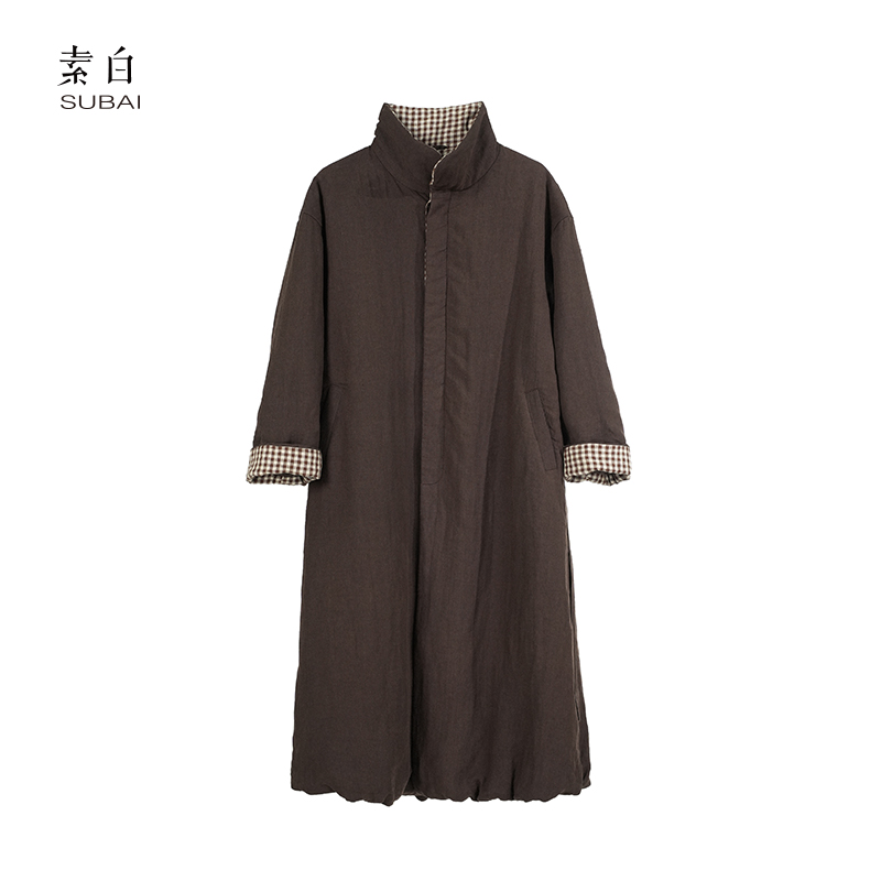 素白【松果果】F01884加厚复古百搭翻边撞色亚麻长款棉服