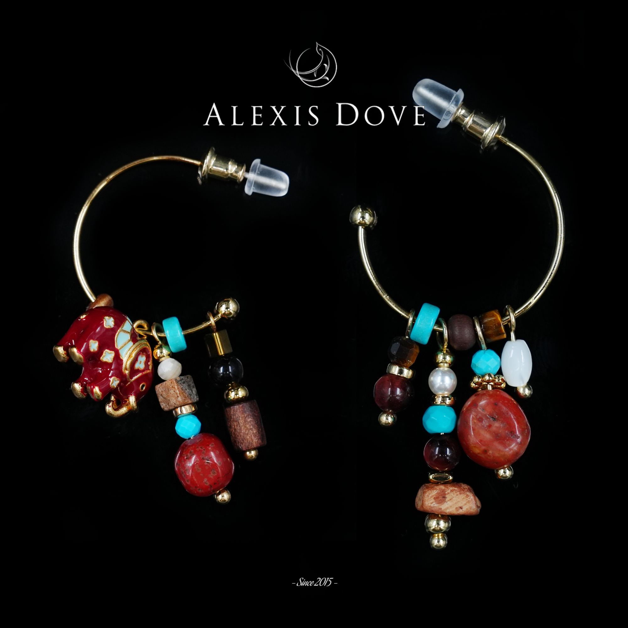 铜合金合成锆石耳饰 复古港风石头小象耳钉