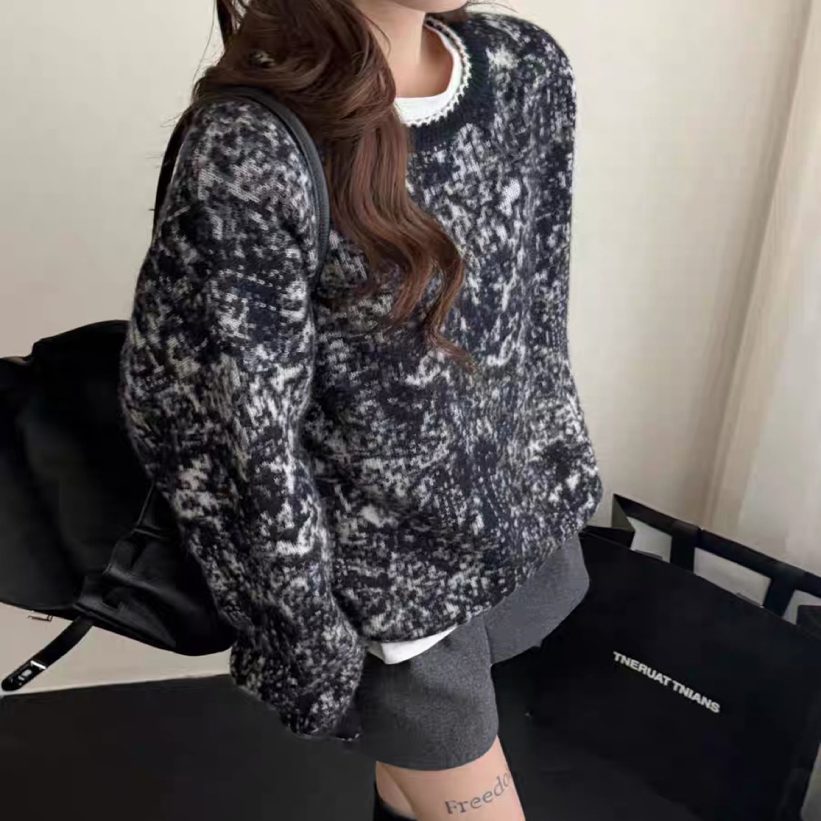  水墨提花拉绒！300g高克重28支羊毛羊绒水墨风针织毛衣女