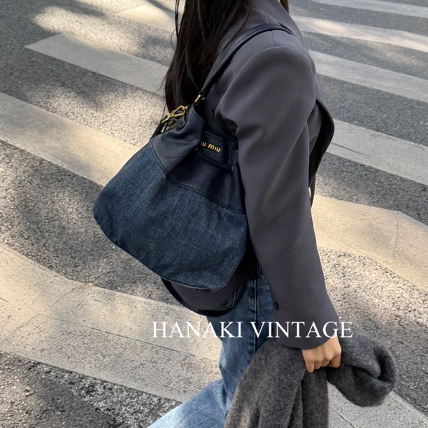 95新 MIU MIU/缪缪 花绮中古/MiuMiu牛仔拼皮水桶单肩包