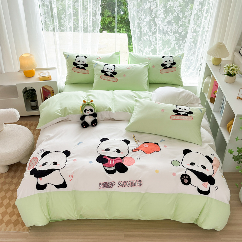 可爱熊猫 100%全棉纯棉大版绣花款三件套/四件套软糯透气