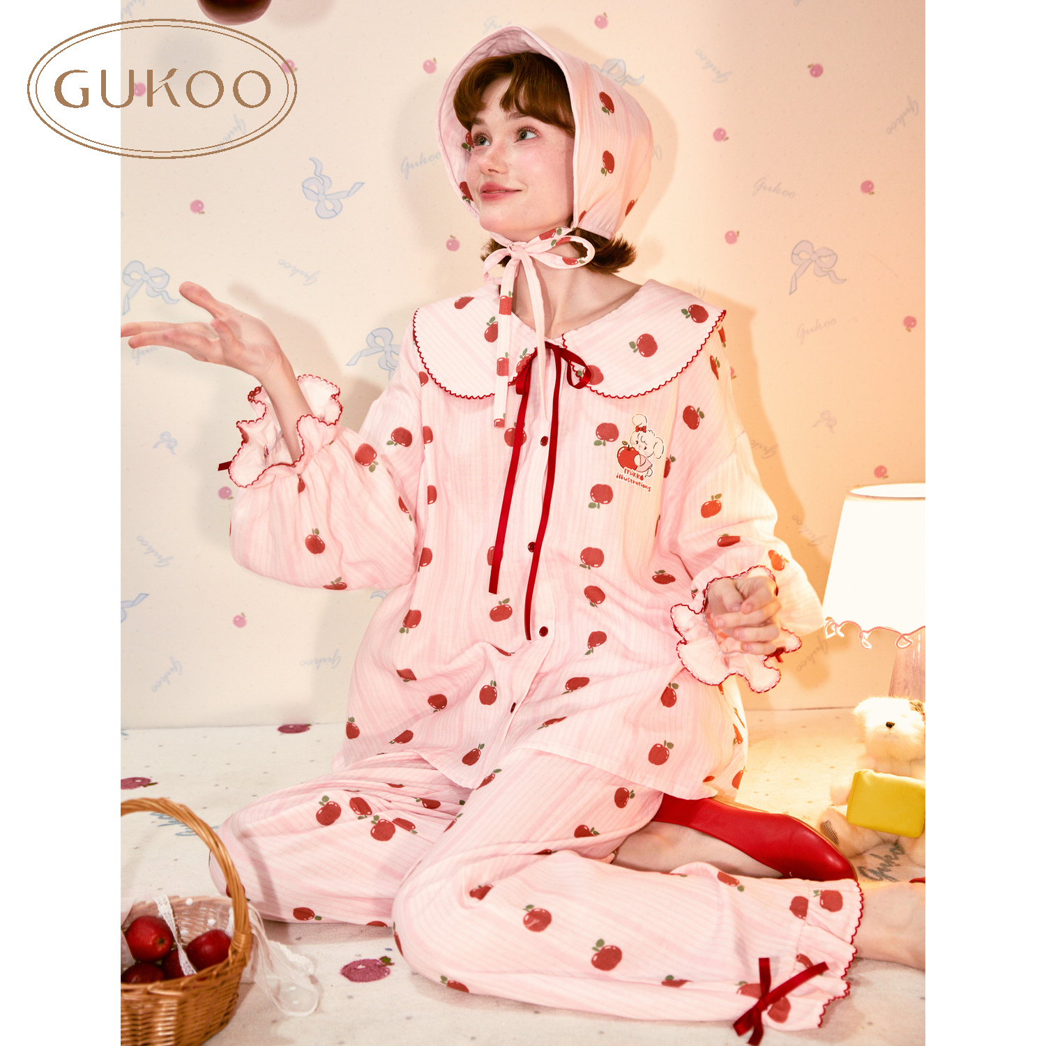 Gukoo/果壳纯棉26年春季新款甜美家居服mikko小苹果联名女套装