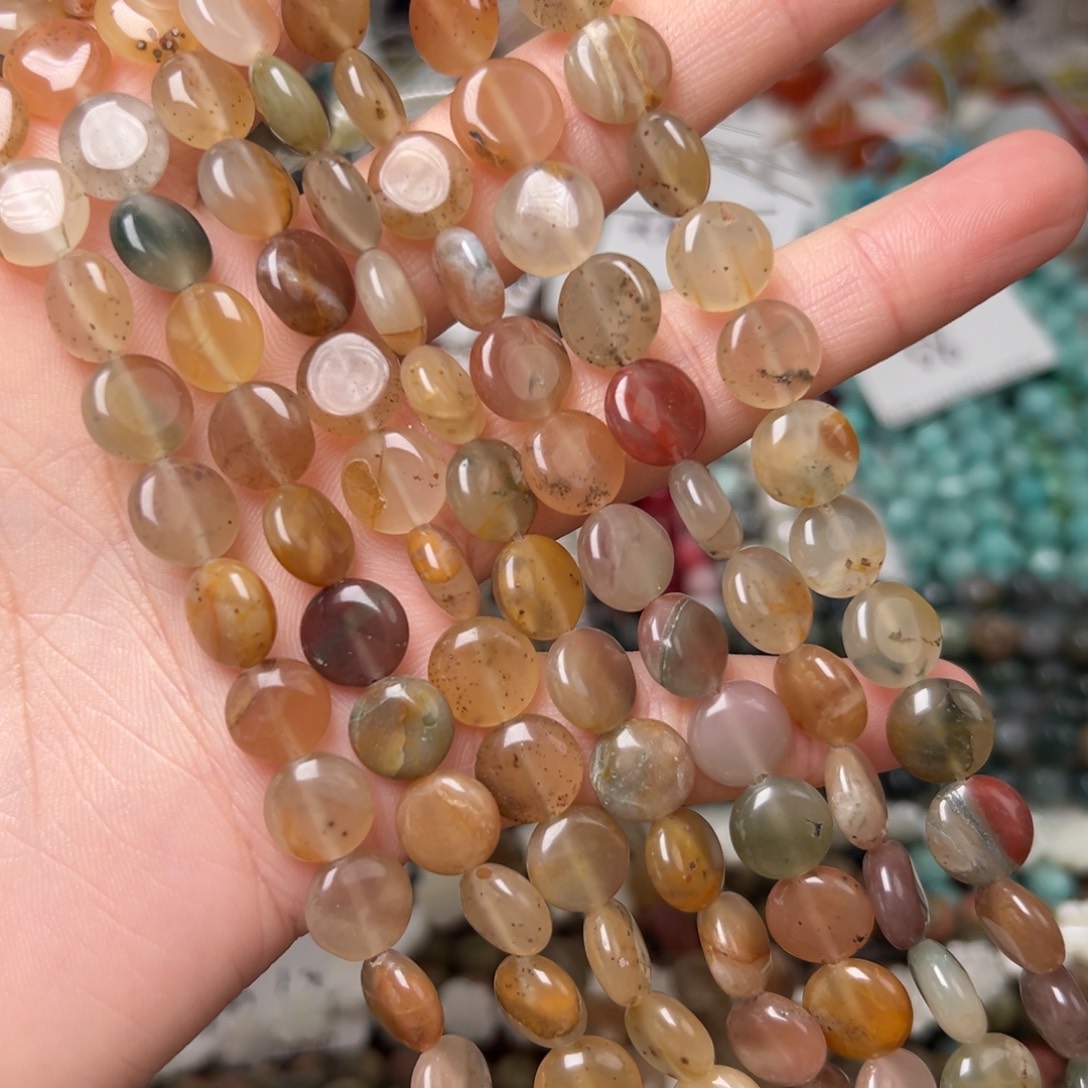 玛瑙/玉髓合金珠宝半成品L440。10mm天然彩兔毛圆珠一条