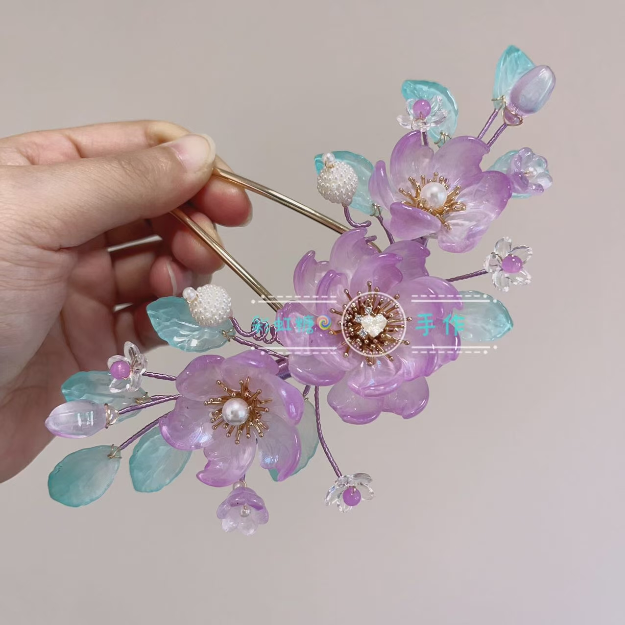 梦幻紫晶雪腊梅琉璃花朵U钗发冠后压——古风优雅仙气必备原创手作