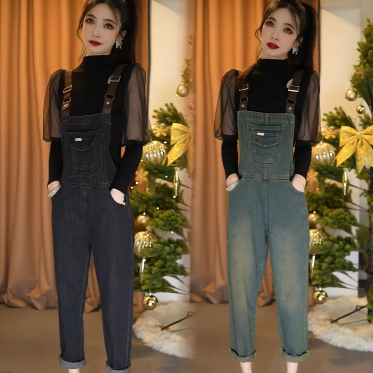 （可调节）牛仔背带裤水洗软牛仔宽松韩版显瘦减龄时尚