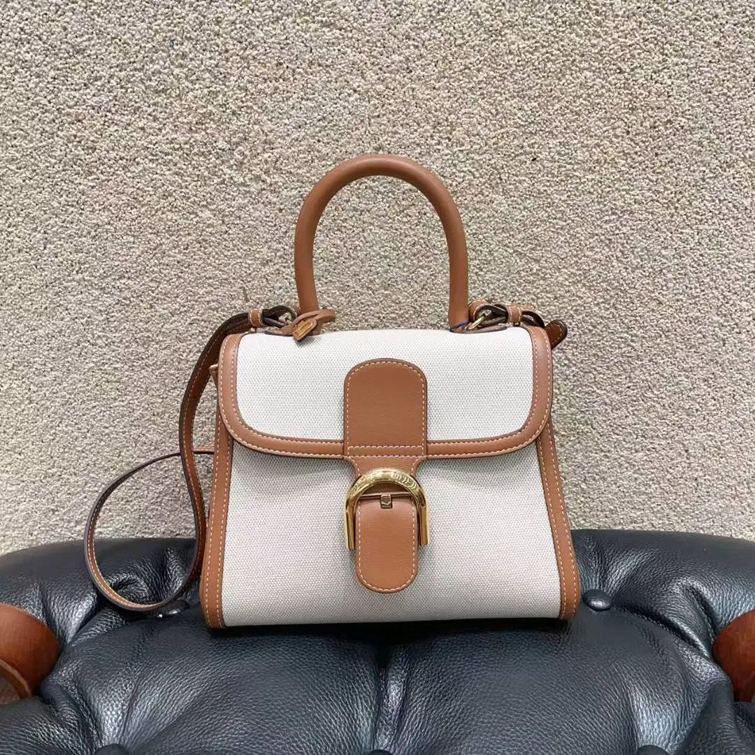 99新 Delvaux/德尔沃 Brillant PM系列 金棕金扣 帆布拼皮 单肩