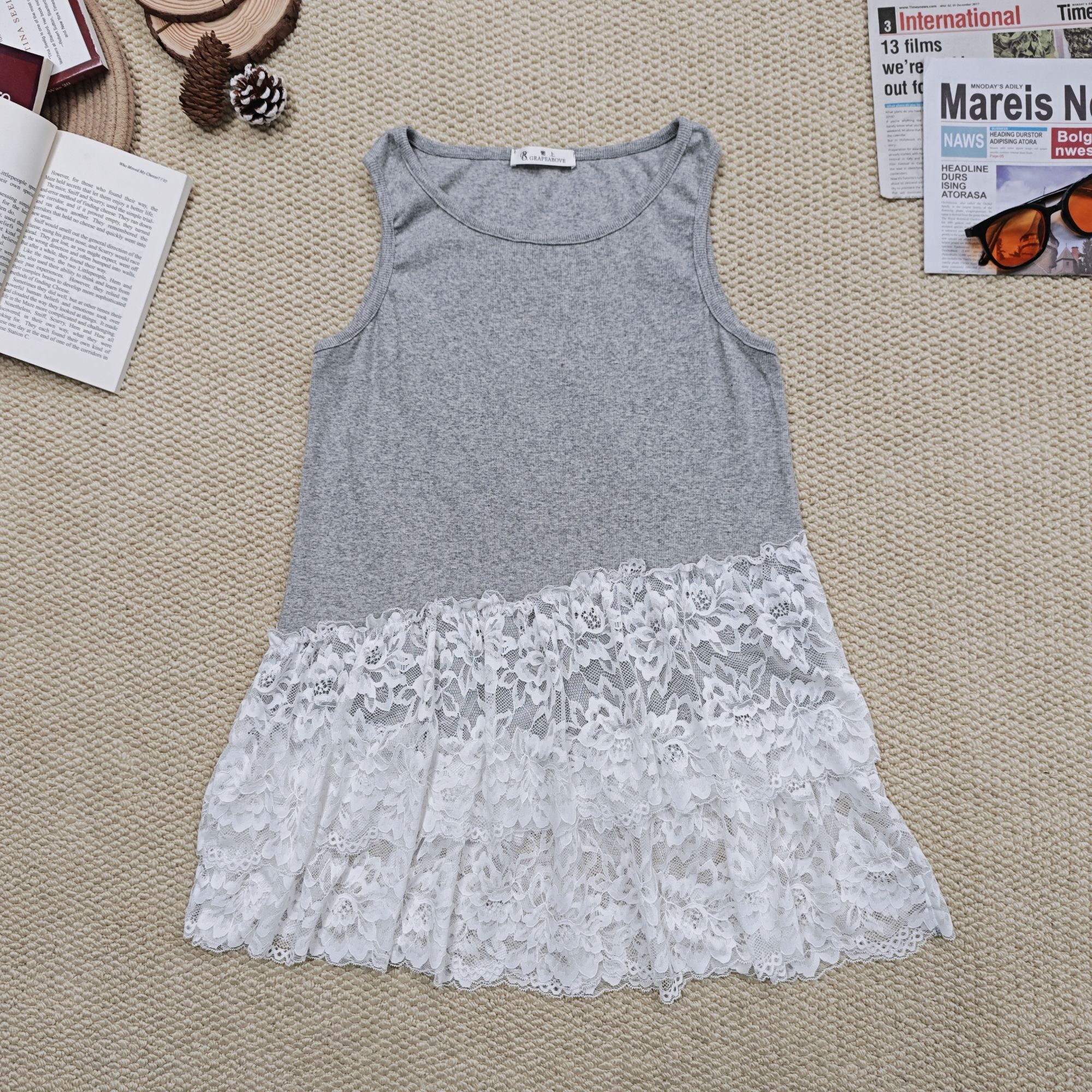 2025夏季新款韩版百搭纯色拼蕾丝提花背心0935