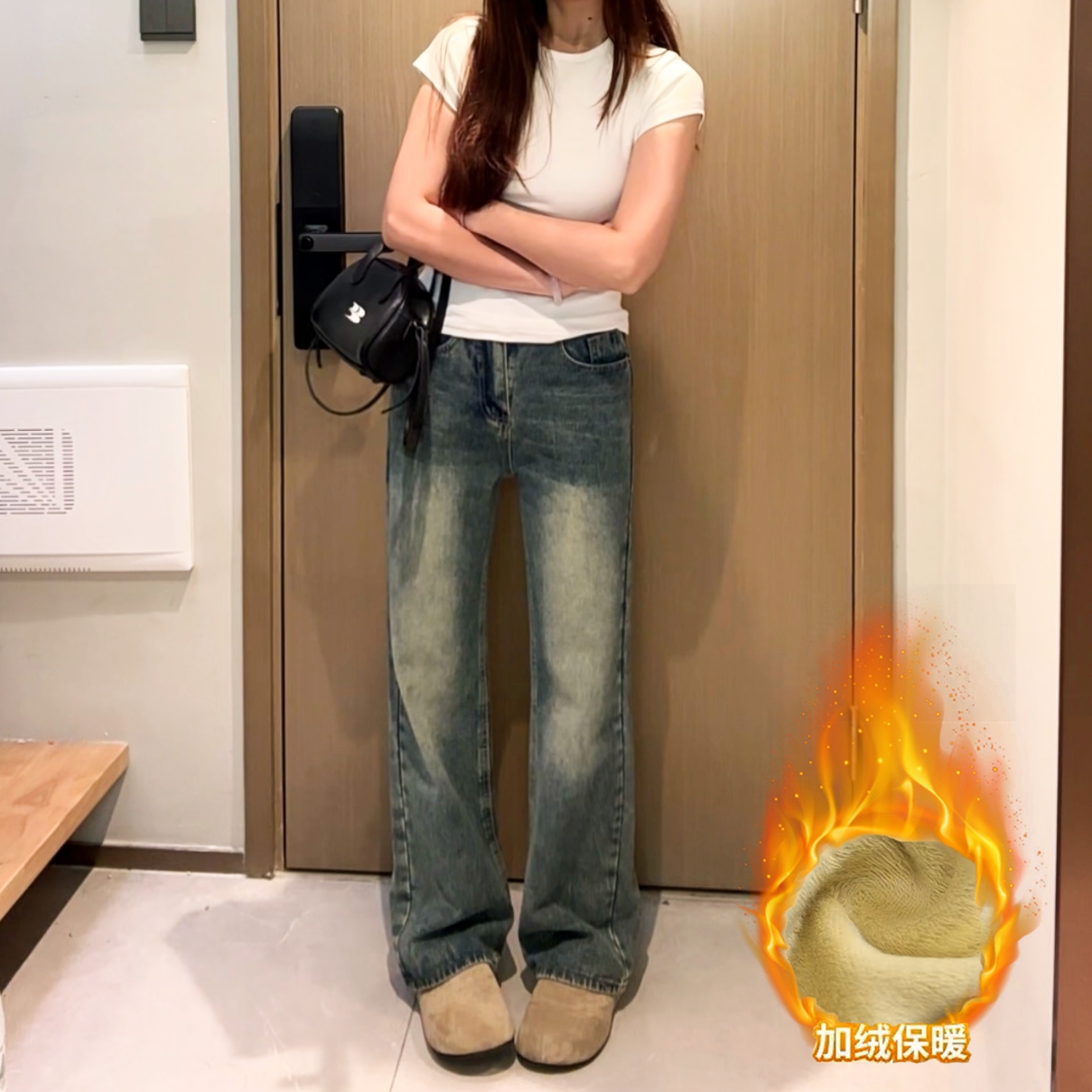 高个子加长复古窄版阔腿牛仔裤女秋冬加绒高腰宽松显瘦直筒拖地裤