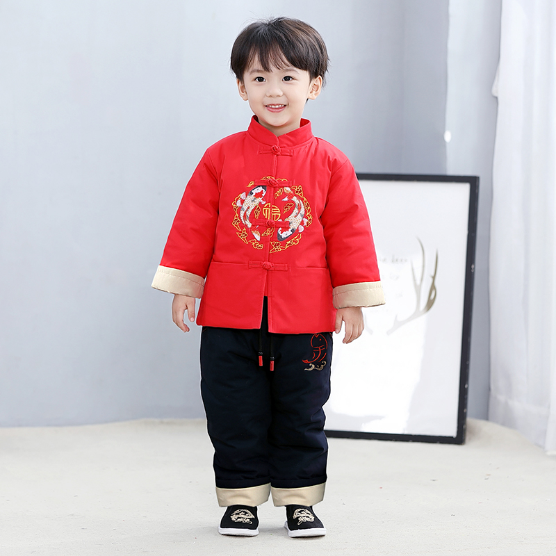 男宝棉套装男童唐装大红色中国风国潮婴儿抓周服周岁服2122