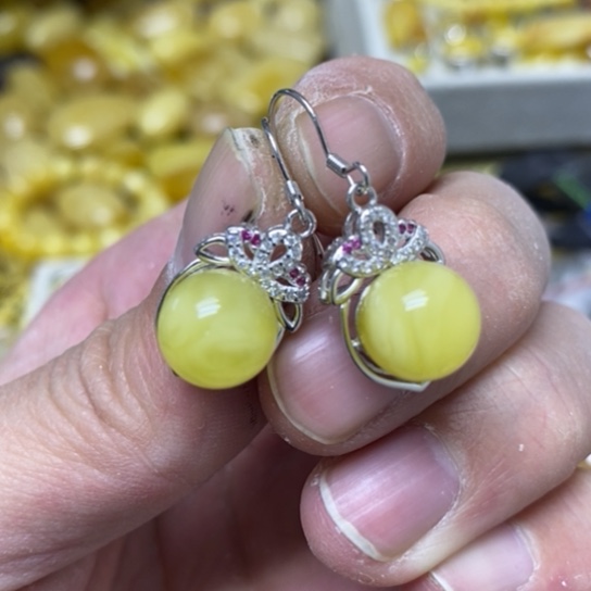 蜜蜡裸石银S925镶嵌耳坠