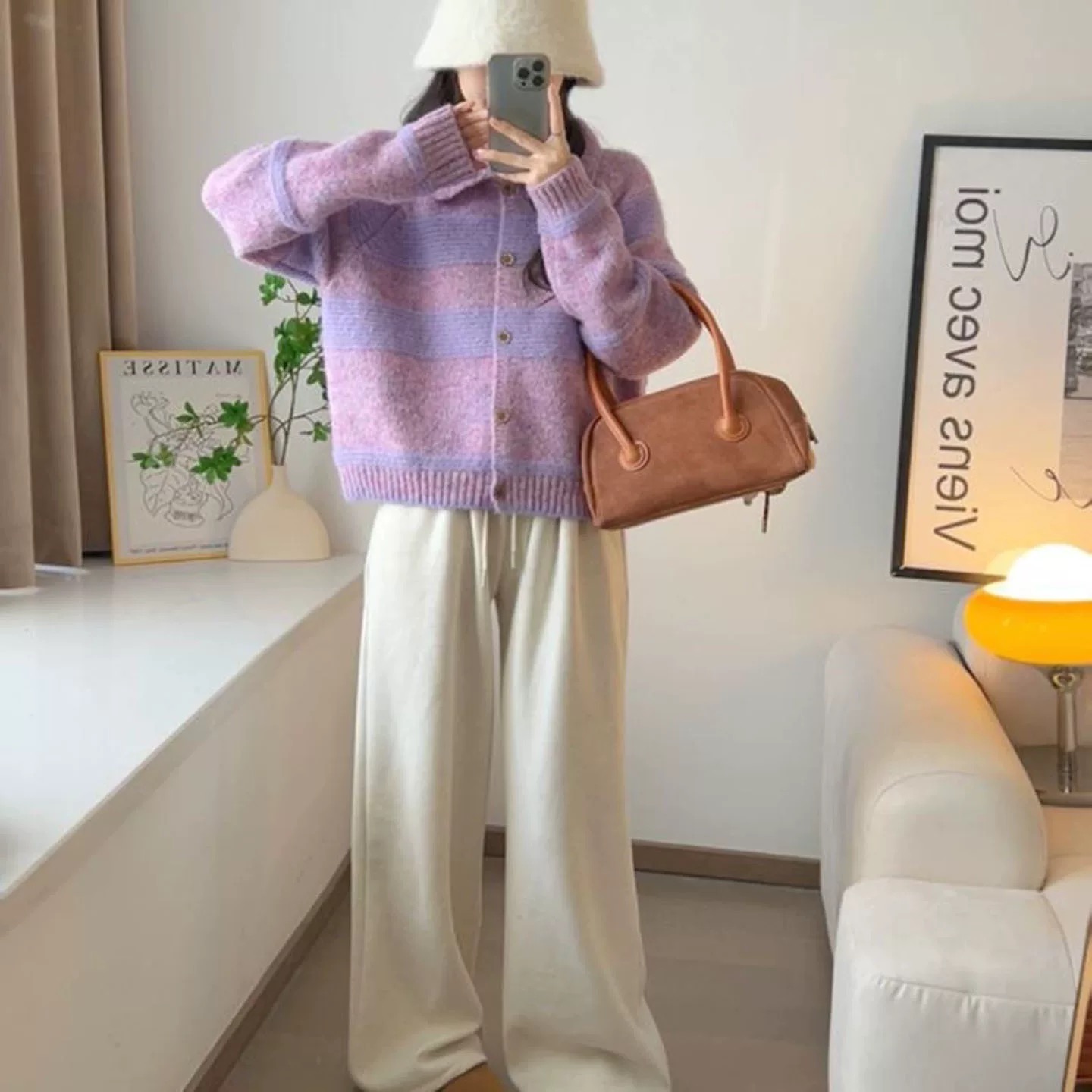 法式条纹针织翻领女宽松毛针织衫上衣慵懒风加厚秋冬