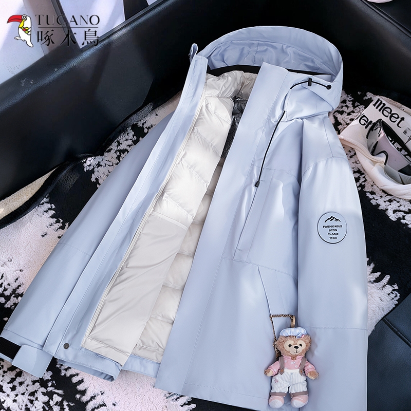 啄木鸟蓝色户外冲锋衣女2025新款冬季情侣三合一内胆加厚保暖外套
