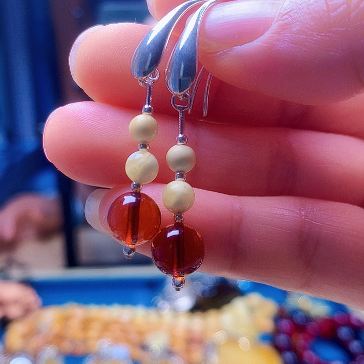 银S925镶嵌琥珀耳饰波兰设计款琥珀蜜蜡