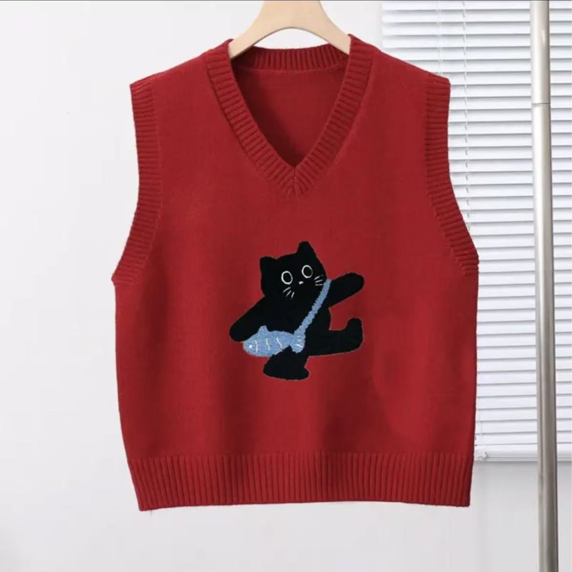 新年红色针织毛衣马甲背心女刺绣立体小猫本命年百搭内搭马夹秋冬