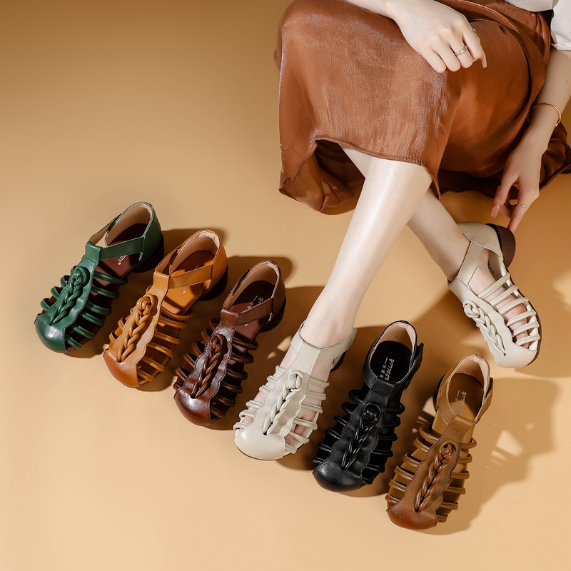 新款夏季凉鞋真皮软底透气复古女鞋平底防滑百搭时尚妈妈鞋6988