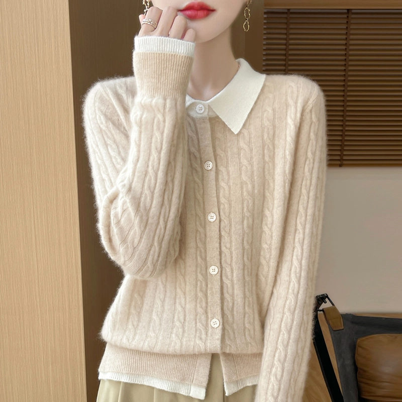 100羊毛翻领绞花拼色假两件短款POLO衫针织外套长袖毛衣羊毛衫