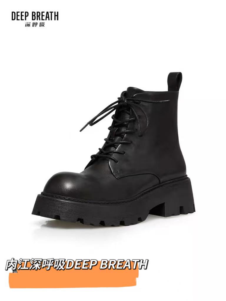 女士鞋子2025秋冬新款水洗牛皮绑带侧拉链机车切尔西马丁靴