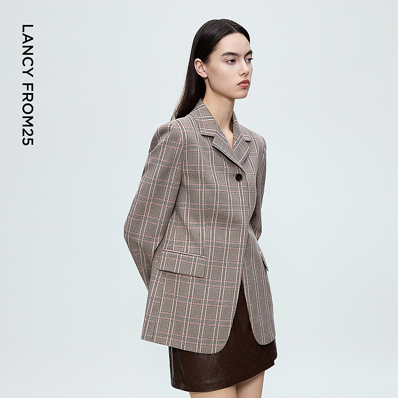 朗姿高智感复古风西装外套女格纹休闲通勤风西服2025年冬季新款