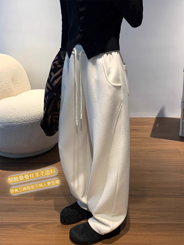 白色阔腿裤女春秋冬休闲羊毛香蕉卫裤宽松加绒直筒裤垂感弯镰刀裤